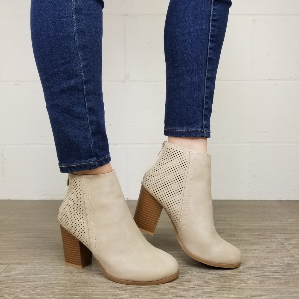 Beige Perforated Design Heel Ankle Booties - Picture 6 of 8